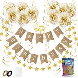 Foto van Fissaly® verjaardag jute slinger met papieren gouden confetti ballonnen - decoratie - happy birthday - letterslinger