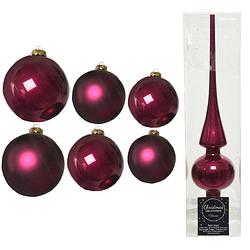 Foto van Groot pakket glazen kerstballen 50x framboos roze glans/mat 4-6-8 cm met piek glans - kerstbal