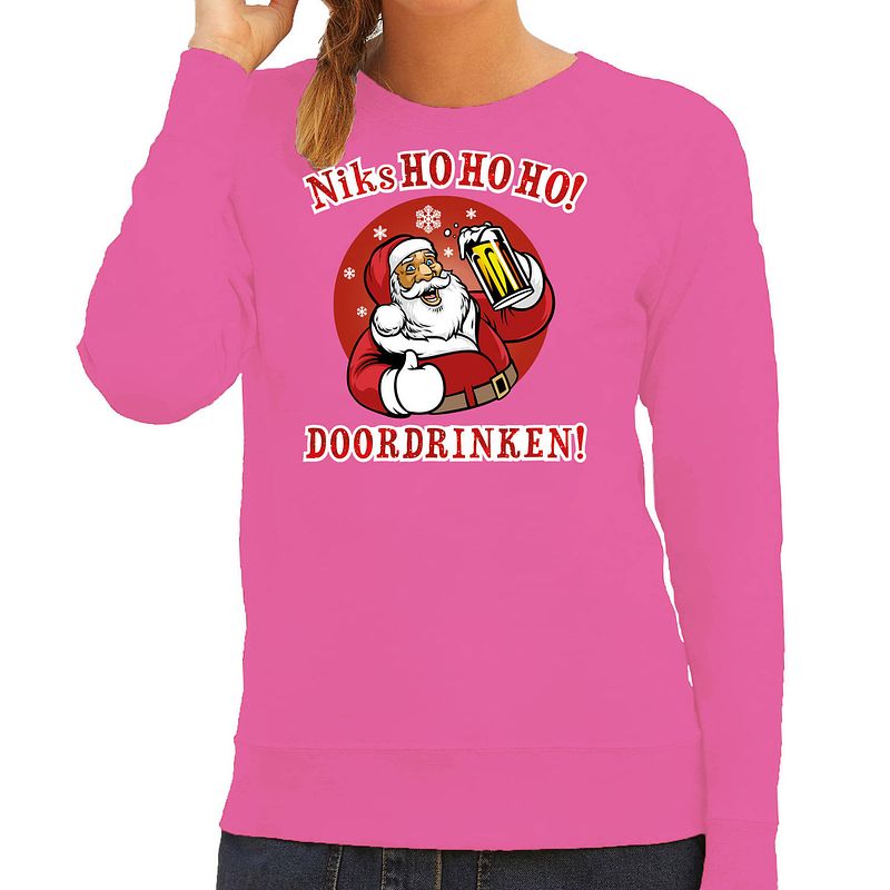 Foto van Bellatio decorations foute kersttrui/sweater dames - kerstman - roze - niks ho ho ho doordrinken m - kerst truien