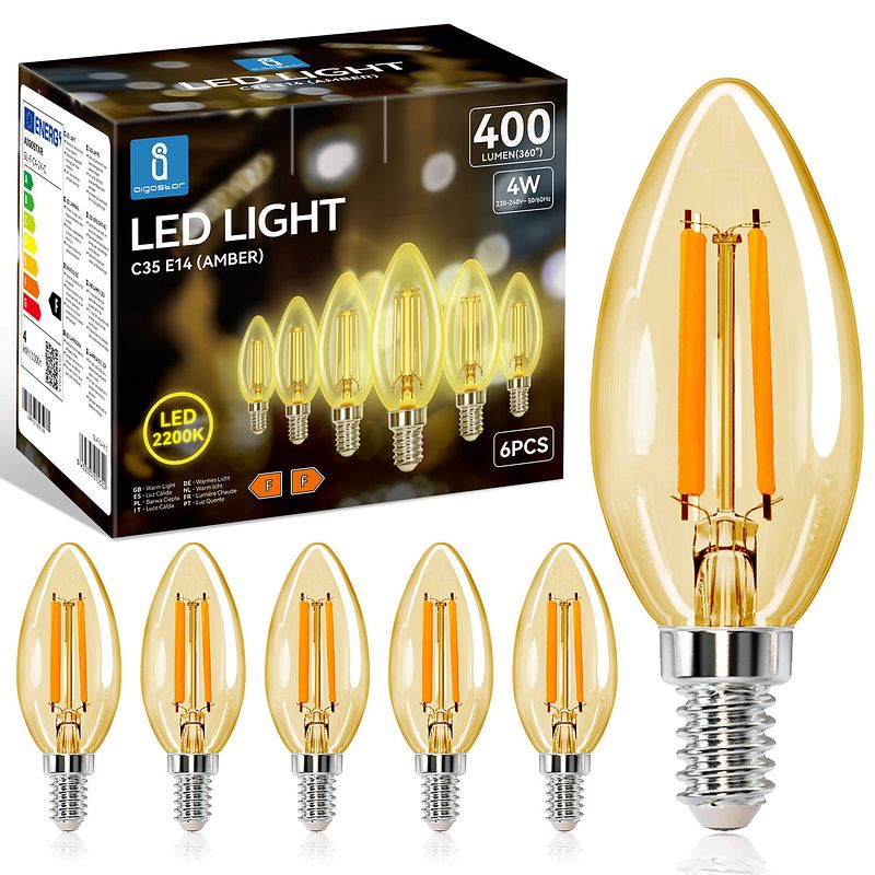 Foto van Aigostar 10zbr - led filament - c35 - e14 fitting - ø 3,5 cm - niet dimbaar - 6 stuks - 4 watt - 2200k