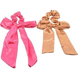 Foto van Per 2 stuks scrunchies voor dames en meisjes haar roze - bruin elegante scrunchie met lintjes - elastische haarband -