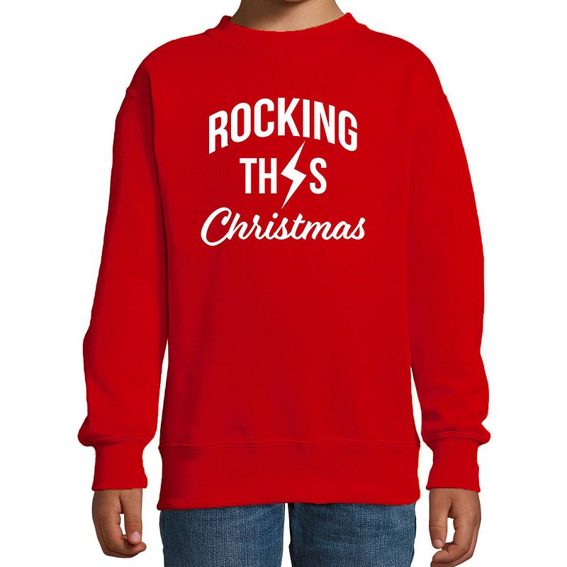 Foto van Rocking this christmas foute kerstsweater / kersttrui rood voor kinderen 9-11 jaar (134/146) - kerst truien