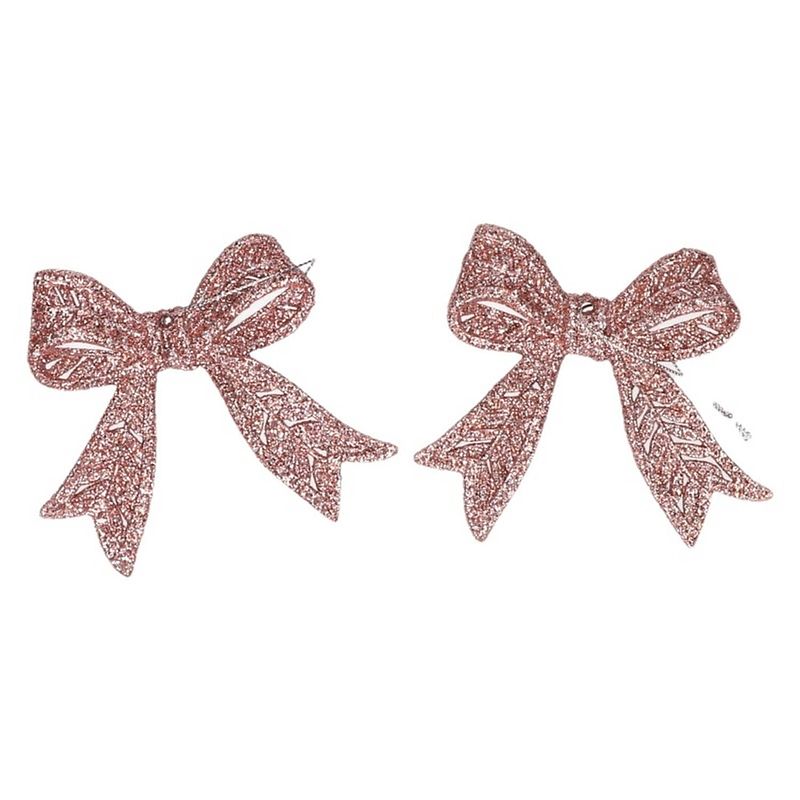 Foto van 2x kersthangers roze strikjes 11 cm met glitters - roze kerstboomversiering