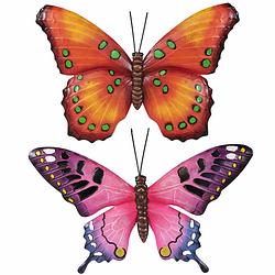 Foto van Set van 2x stuks tuindecoratie muur/wand vlinders van metaal in roze en oranje tinten 37 x 27 cm - tuinbeelden