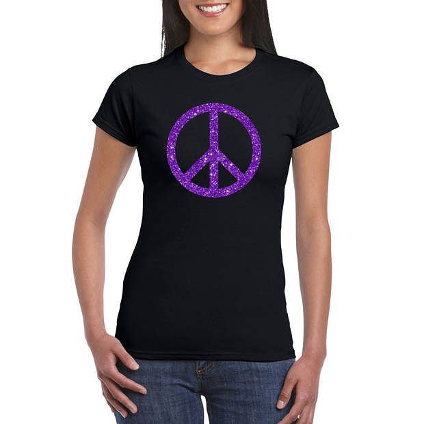 Foto van Toppers zwart flower power t-shirt paarse glitter peace teken dames xs - feestshirts