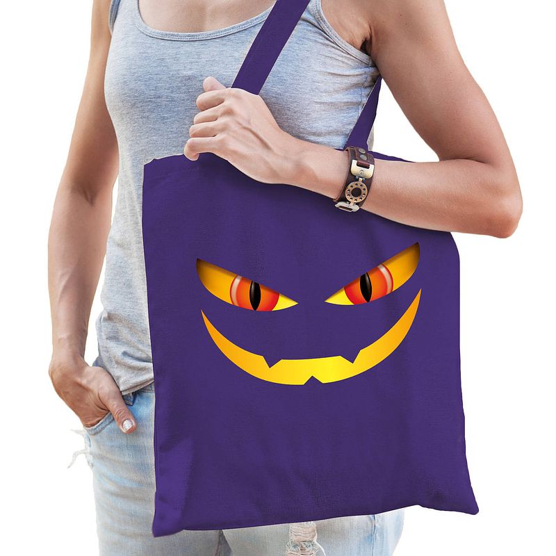 Foto van Halloween tas/shopper - paars - katoen - 42 x 38 cm - monster gezicht - verkleedtassen