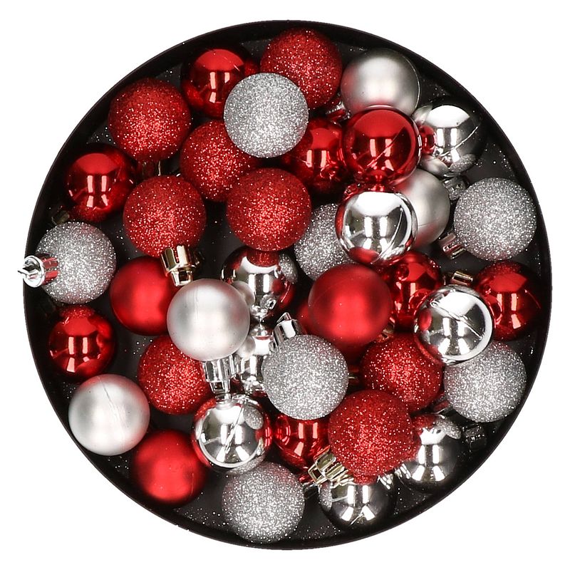 Foto van Kleine kunststof kerstversiering 40x stuks set en 3 cm kerstballen in het zilver en rood - kerstbal