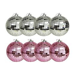 Foto van Kerstballen disco - 8x st - roze en zilver - 8 cm - kunststof - kerstbal