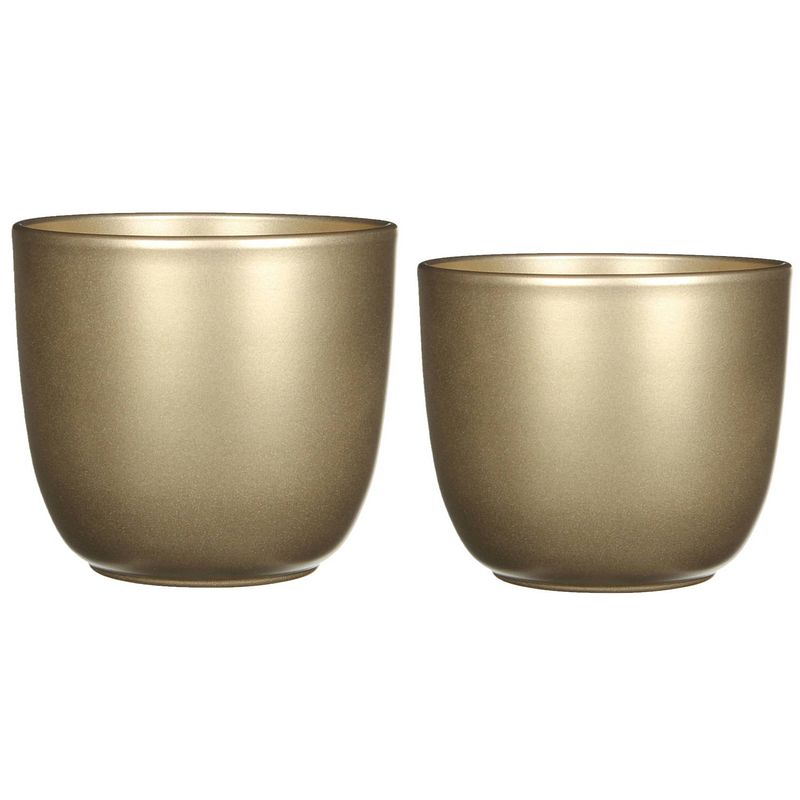 Foto van Plantenpot/bloempotten set - 2x stuks - keramiek - goud - d12 en d14.5 cm - plantenpotten