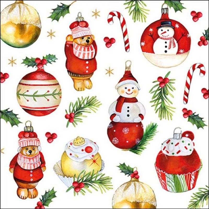 Foto van 20x stuks kerstdiner/kerst thema servetten met kerstornamenten 33 x 33 cm - feestservetten
