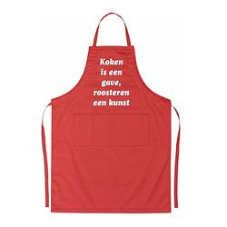 Foto van Koken is een gave, roosteren een kunst - luxe keukenschort met tekst - rood