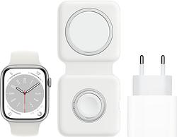 Foto van Apple watch series 8 45mm zilver aluminium witte sportband + magsafe oplaadpakket