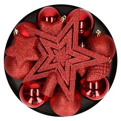 Foto van Kerstballen en kerstornamenten - set van 39x st - rood - met ster piek - kunststof - kerstbal