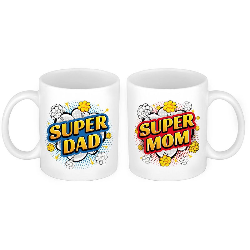 Foto van Super dad en mom cartoon mok - cadeau beker set voor papa en mama - feest mokken