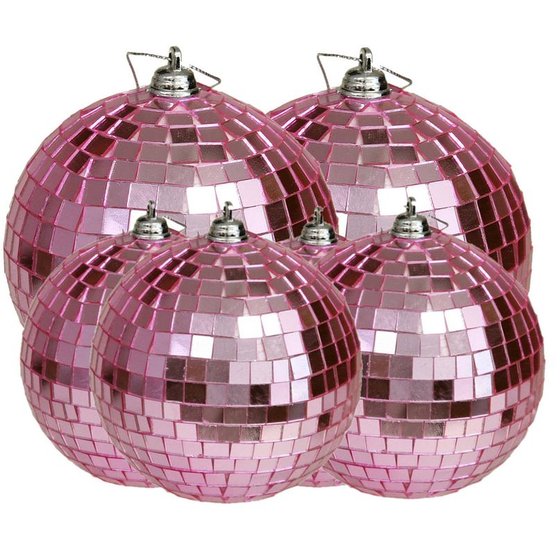 Foto van Grote discobal kerstballen - 6x stuks - roze - 8 en 10 cm - kunststof - kerstbal