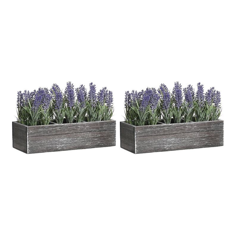 Foto van Items lavendel bloemen kunstplant in bloembak - 2x - paarse bloemen - 34 x 14 x 19 cm - bloemstukje - kunstplanten