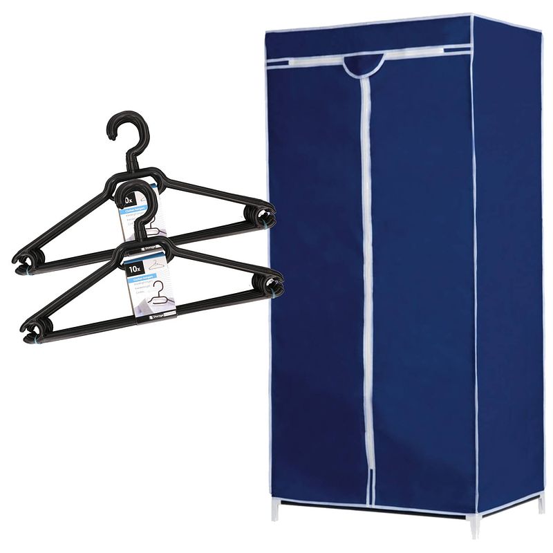 Foto van Set van mobiele opvouwbare kledingkast met blauwe hoes 160 cm en 20x plastic kledinghangers zwart - campingkledingkasten