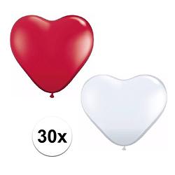 Foto van 30x bruiloft ballonnen wit / rood hartjes versiering - ballonnen