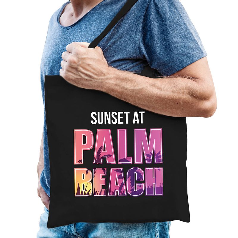 Foto van Sunset at palm beach tasje zwart voor heren - feest boodschappentassen