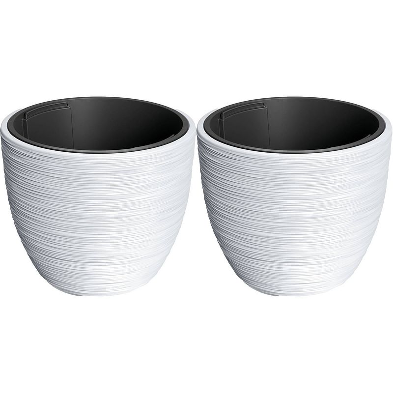 Foto van Prosperplast plantenpot/bloempot furu stripes - 2x - buiten/binnen - kunststof - wit - d35 x h35 cm - plantenpotten