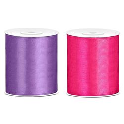 Foto van 2x rollen hobby decoratie satijnlint paars-fuchsia roze 10 cm x 25 meter - cadeaulinten