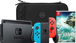 Foto van Nintendo switch rood/blauw + zelda: tears of the kingdom + bluebuilt beschermhoes