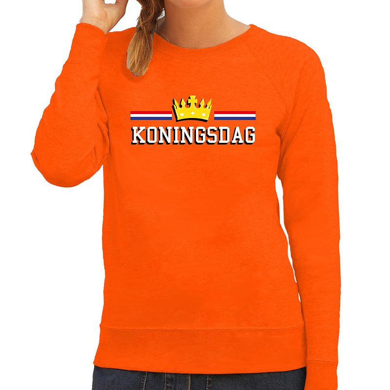 Foto van Koningsdag sweater met gouden kroon oranje voor dames - koningsdag truien 2xl - feesttruien