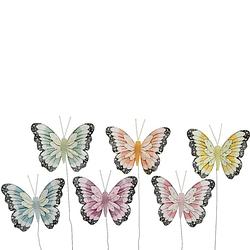Foto van 6x stuks decoratie vlinders op draad gekleurd - 8 cm - hobbydecoratieobject
