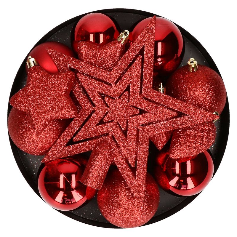 Foto van Kerstballen en kerstornamenten - set van 39x st - rood - met ster piek - kunststof - kerstbal