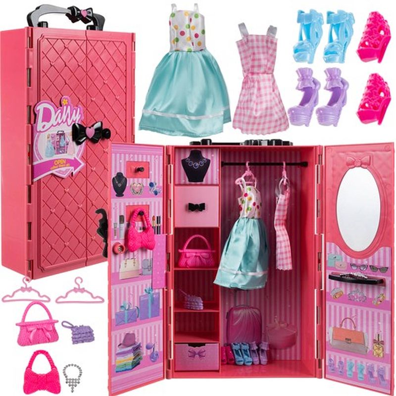 Foto van Poppen kledingkast en garderobe met accessoires roze