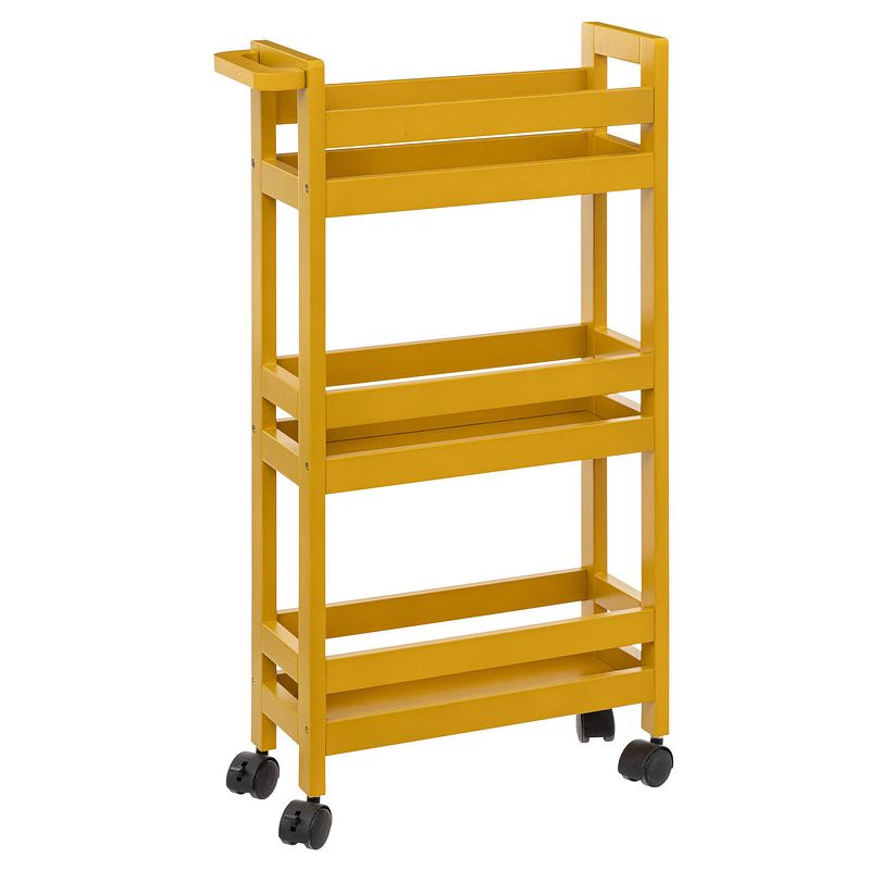 Foto van Keuken of badkamer trolley 3-laags - geel - d15 x b40 x h75 cm - mdf hout - met wielen - opberg trolley