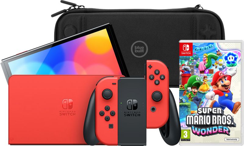 Foto van Nintendo switch oled super mario edition + super mario bros. wonder + bluebuilt beschermhoes