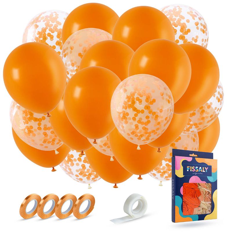 Foto van Fissaly® 40 stuks oranje helium ballonnen met lint - verjaardag decoratie - koningsdag - papieren confetti - latex
