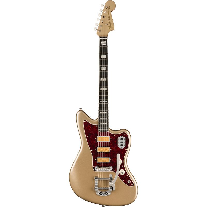 Foto van Fender gold foil jazzmaster shoreline gold eb limited edition elektrische gitaar met deluxe gigbag