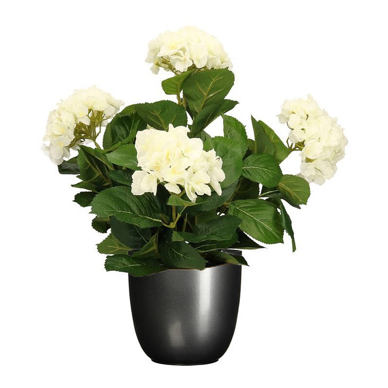 Foto van Hortensia kunstplant/kunstbloemen 45 cm - wit - in pot titanium grijs glans - kunstplanten