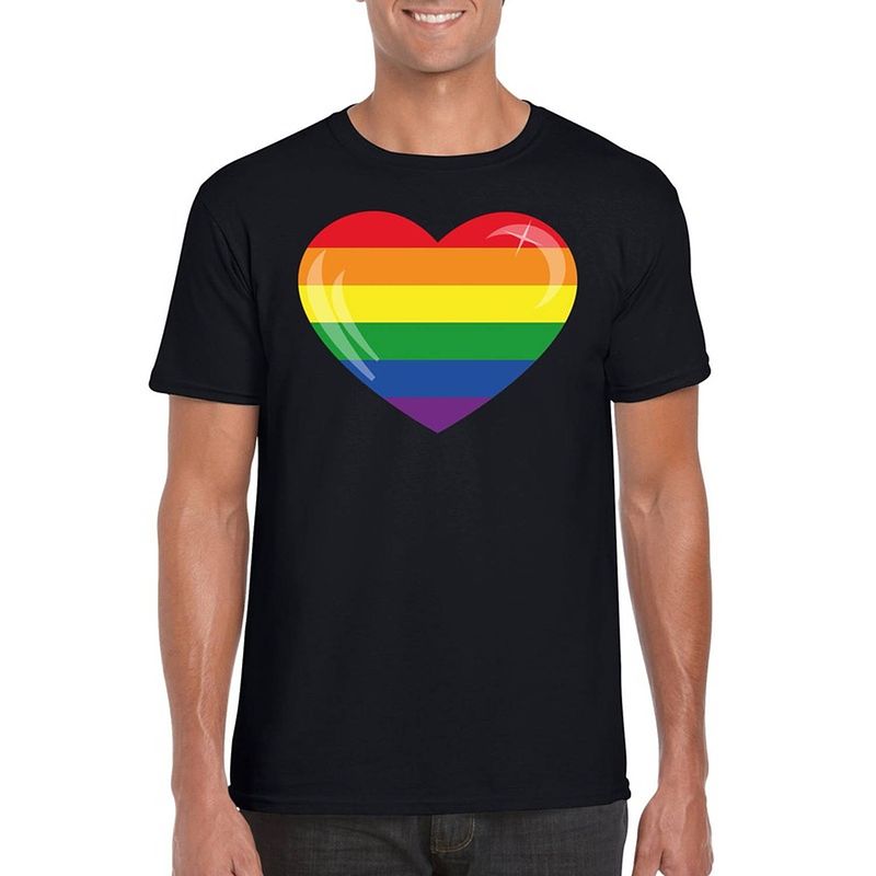 Foto van Gay pride t-shirt met regenboog vlag in hart zwart heren l