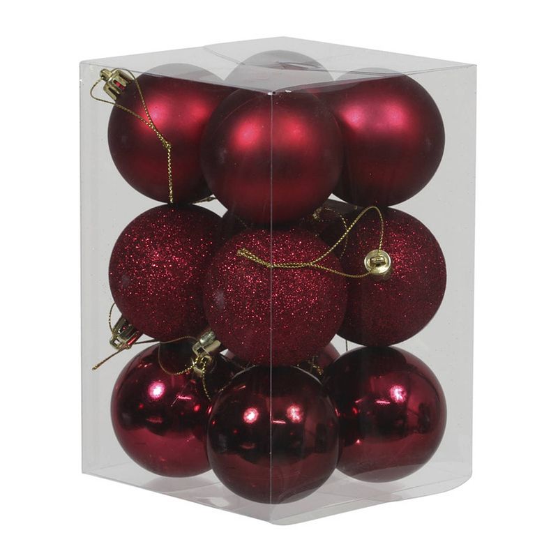 Foto van 12x donkerrode kunststof kerstballen 6 cm glans/mat/glitter - kerstbal