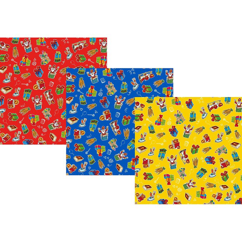 Foto van Assortiment 12 sinterklaasinpakpapier cadeaupapier - 200 x 70 cm - 3 rollen