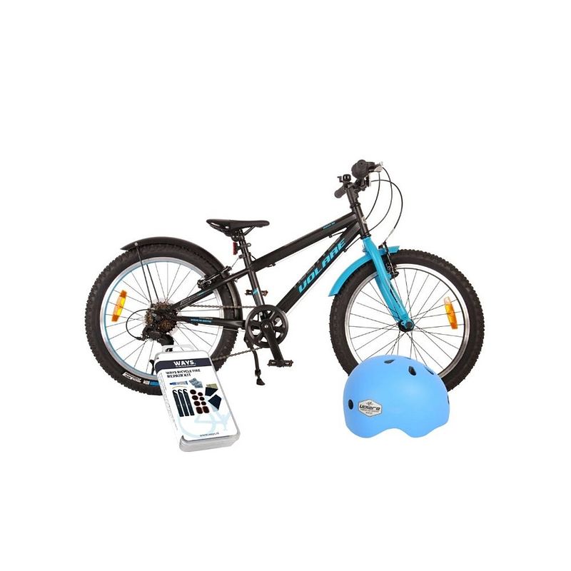 Foto van Volare kinderfiets rocky - 20 inch - zwart/blauw - 6 versnellingen - inclusief fietshelm & accessoires