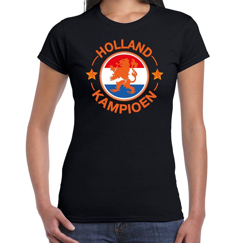 Foto van Zwart fan shirt / kleding holland kampioen met leeuw ek/ wk voor dames xl - feestshirts