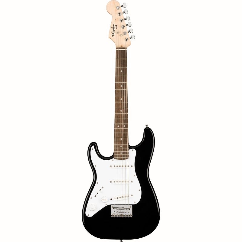 Foto van Squier mini stratocaster lh black linkshandige kindergitaar / reisgitaar