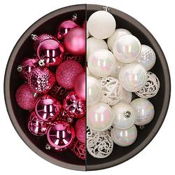 Foto van 74x stuks kunststof kerstballen mix van fuchsia roze en parelmoer wit 6 cm - kerstbal