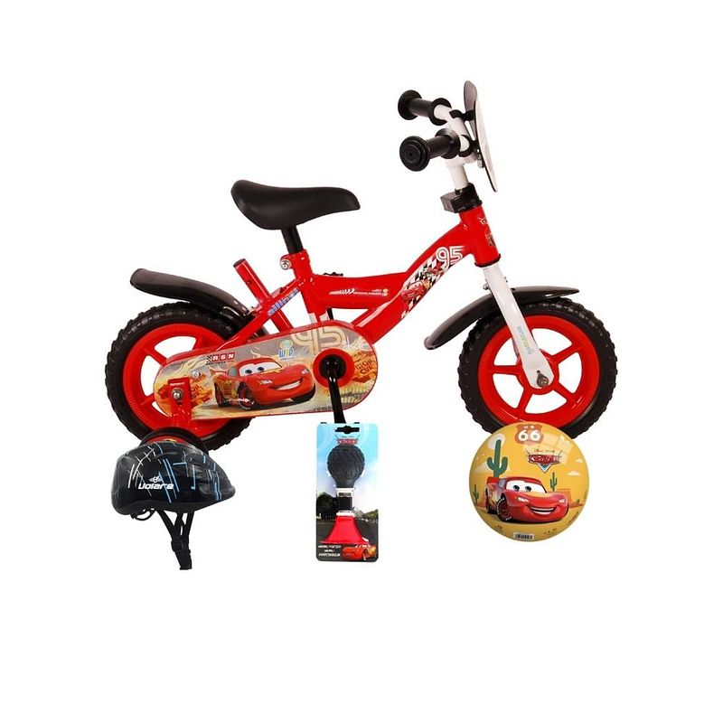 Foto van Volare kinderfiets disney cars - 10 inch - doortrapper - met fietshelm en accessoires