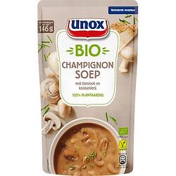 Foto van 2 zakken soep a 570 ml, pakken cupasoup a 3 stuks of single verpakkingen noodles of pasta | unox biologische soep biologische champignon 570ml aanbieding bij jumbo