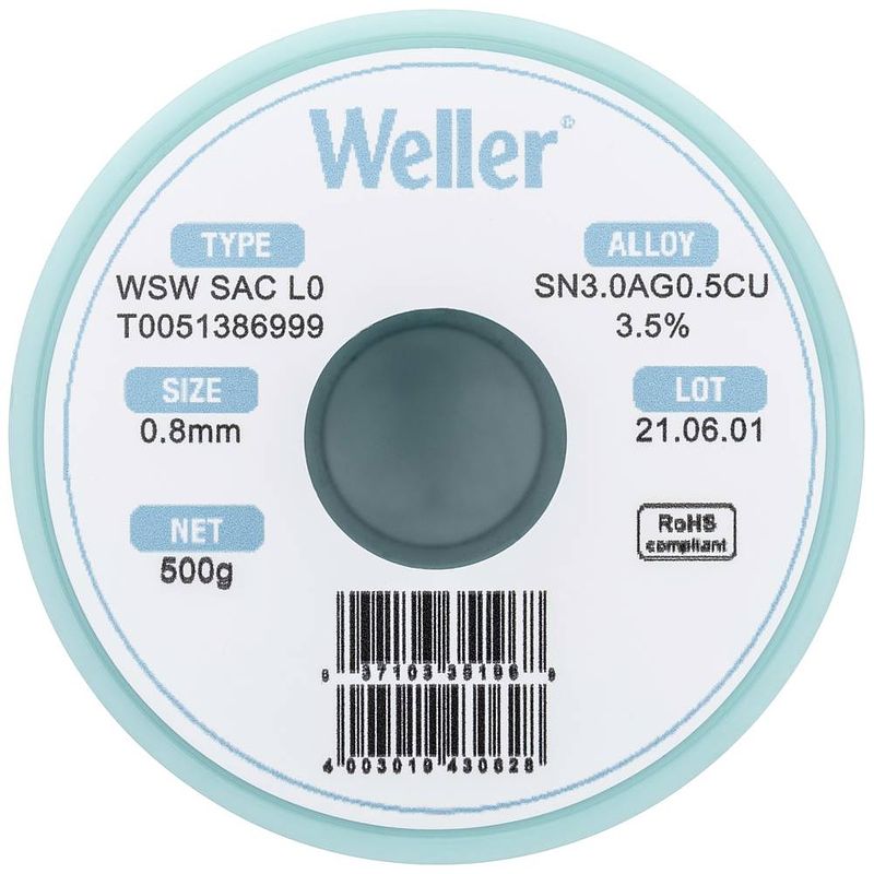 Foto van Weller wsw sac l0 soldeertin, loodvrij spoel sn3,0ag0,5cu 500 g 0.8 mm