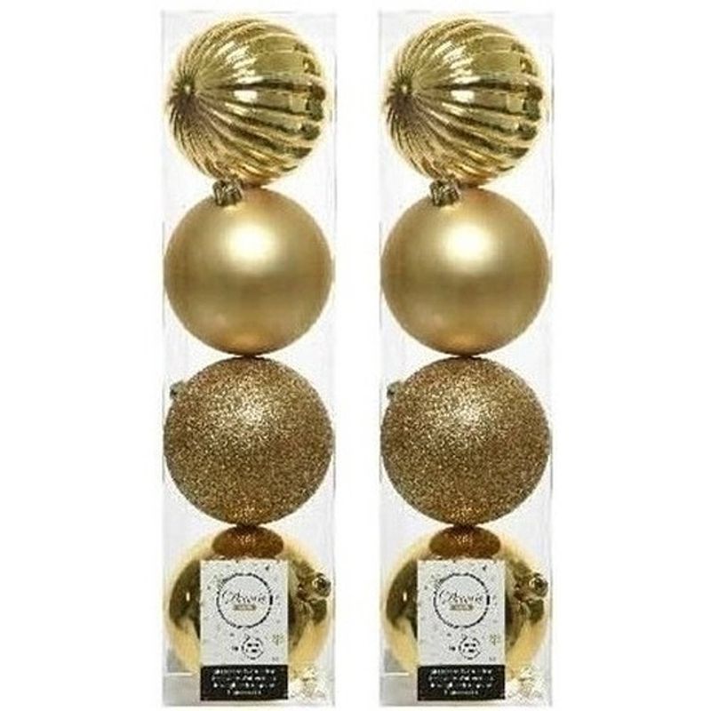 Foto van 8x kunststof kerstballen mix licht goud 10 cm kerstboom versiering/decoratie - kerstbal