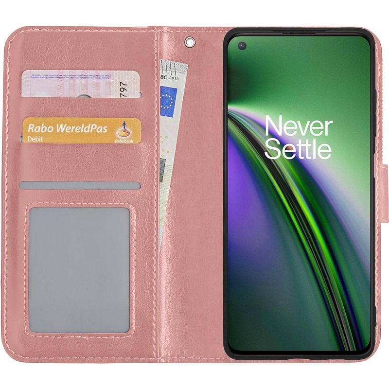 Foto van Basey oneplus nord ce hoesje book case kunstleer cover hoes - rose goud