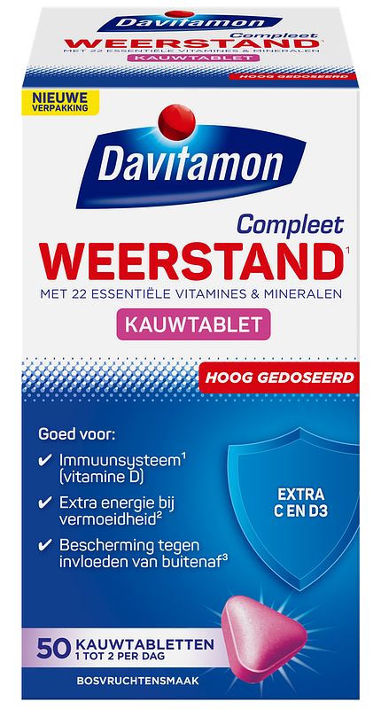 Foto van Davitamon compleet weerstand forte kauwvitamines bosvruchten, 50 stuks bij jumbo