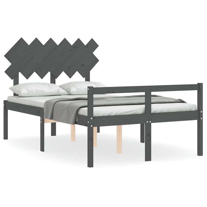 Foto van The living store massief grenenhouten bedframe - 195.5 x 140.5 x 81 cm - multiplex lattenbodem - grijs