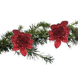 Foto van 2x stuks kerstboom bloemen op clip rode glitter roos 15 cm - kunstbloemen